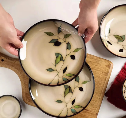 1Pc Vintage Bamboo Leaf Ceramic Bowl Salad Plate Exquisite Ceramic Cutlery Household Noodle Bowl Western Steak Cake Sushi Plate.