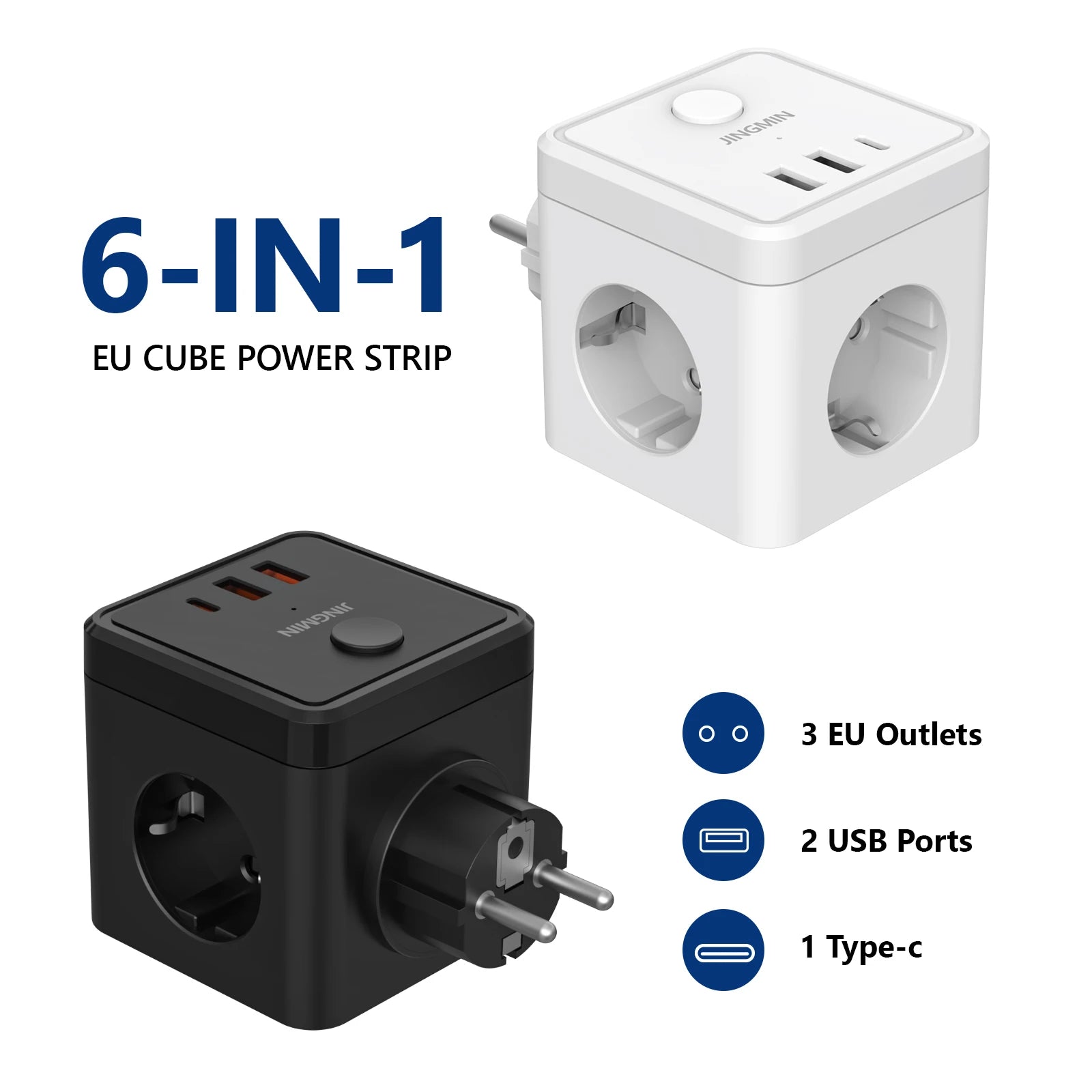Wandsteckdosen-Extender mit Schalter, 3 Steckdosen, 2 USB-A- und 1 Typ-C-Anschlüsse, tragbarer Cube-Steckdosenleisten-Adapter zum Aufladen auf Reisen.