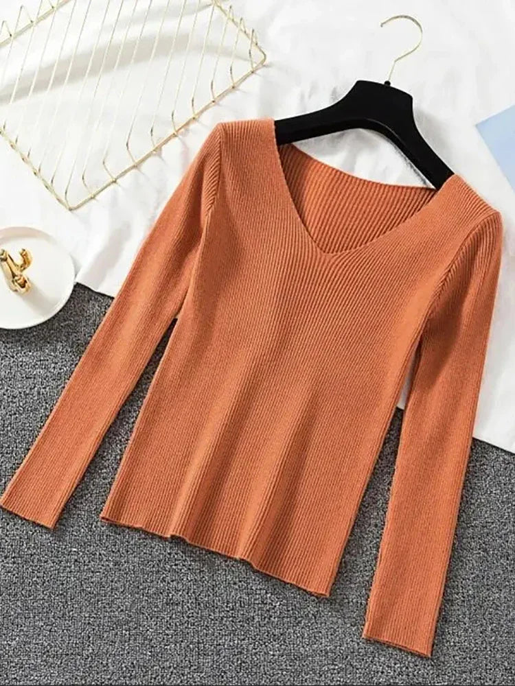 2025 mode V-ausschnitt Elastische Grundlegende Top Neue Frauen Pullover Herbst Winter Langarm Pullover Weibliche Winter Solide Strick Jumper