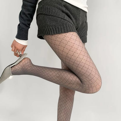 Female Vintage Fishnet Lace Pattern Tights Hollowed Rhombus Striped Geometric Jacquard Pantyhose Anti-pilling JK woman Legging
