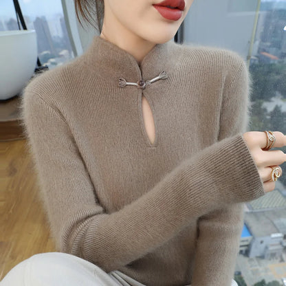 2024 autumn winter new 100% mink cashmere sweater women's pullover slim-fit long sleeve solid color stand collar bottom knitwear.