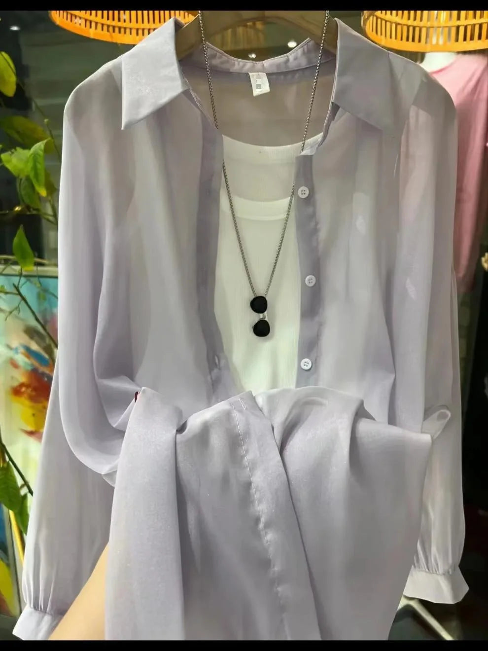 1pcs Woman Four Seasons Shirt Lady Thin Sunscreen Shirts Female Casual Long Sleeve Turn-down Collar Loose Med-Length Style Tops.