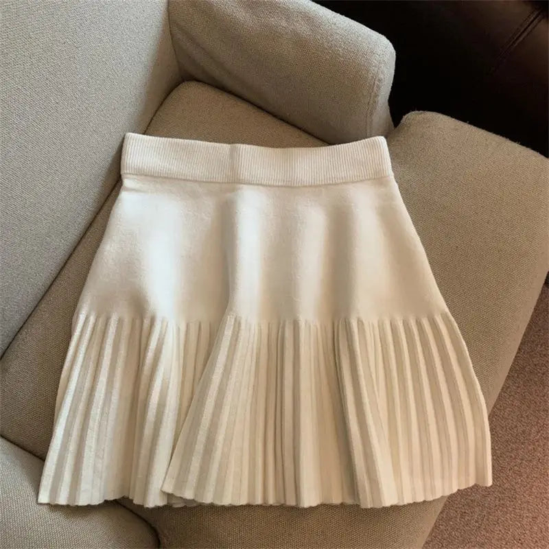 Pleated Mini Skirts Korean Sweet Knitted Skirts Sweet Elastic Waist Ladies Casual Youthful For Women's Clothes Solid Fashion New.