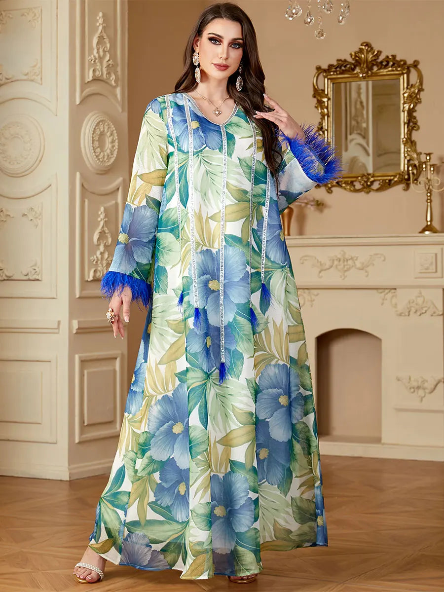 Siskakia Muslim Floral Print Dresses Women's Jalabiya Ramadan Elegant Casual Abayas Dubai Moroccan stylish Long Sleeves Kebaya.