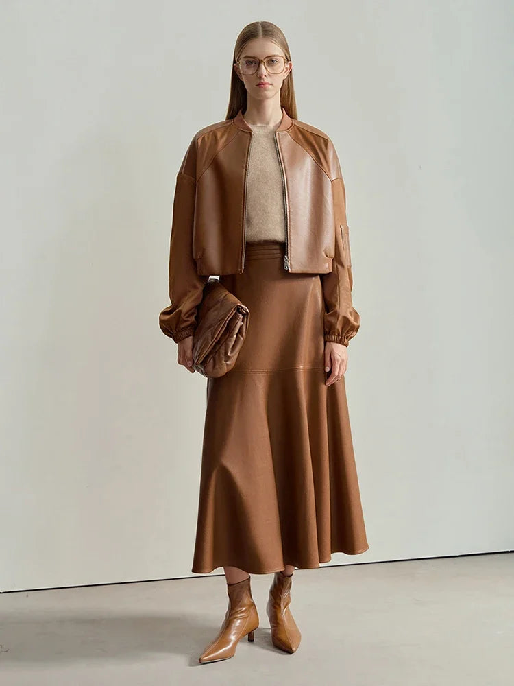 AMII Minimalist Elegant Commuter Environmentally Friendly PU Leather Skirt 2024 Winter New Women's Loose A-shaped Skirt 12444181.