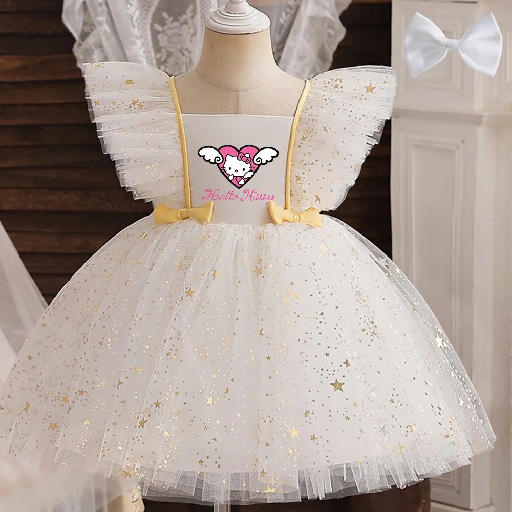 Hello Kitty Prinzessinnenkleid für Mädchen, Pailletten, Stern, Rüschen, Schleife, Tutu-Kleid, Baby, formelles Gala-Abschlussballkleid, Kinder-Abendparty-Kostüm