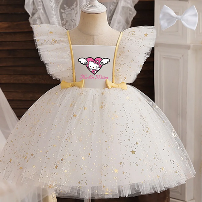 Hello Kitty Prinzessinnenkleid für Mädchen, Pailletten, Stern, Rüschen, Schleife, Tutu-Kleid, Baby, formelles Gala-Abschlussballkleid, Kinder-Abendparty-Kostüm