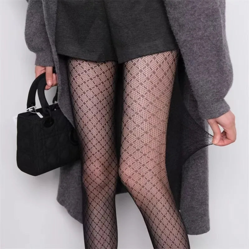 Female Vintage Fishnet Lace Pattern Tights Hollowed Rhombus Striped Geometric Jacquard Pantyhose Anti-pilling JK woman Legging
