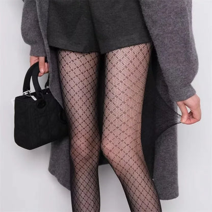 Female Vintage Fishnet Lace Pattern Tights Hollowed Rhombus Striped Geometric Jacquard Pantyhose Anti-pilling JK woman Legging