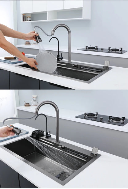 New Stainless Steel Kitchen Sink with Waterfall  Large Single Slot Various Multifunctional Sinks Dish and Vegetable Wash Basin