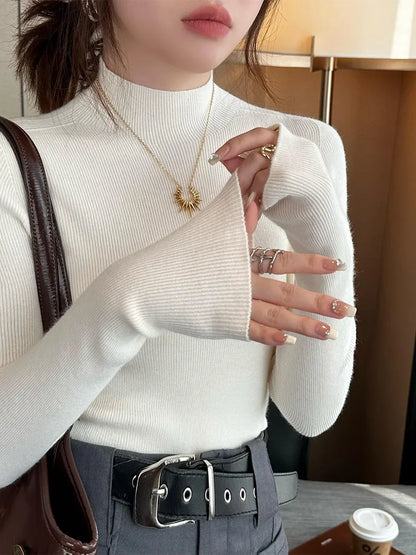 Herbst Winter Pullover Pullover Bodenbildung Shirt Frauen Gestrickte Shirts Weibliche Lange Hülse Mock Neck Elastische Dünne Pullover Stricken Tops.