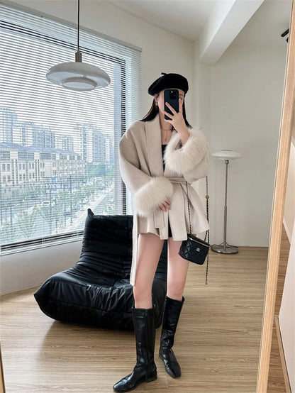 Mode Woolen Jacke mit gürtel Frauen Mantel 2025, Neue Herbst Winter Temperament Lose Strickjacke Weibliche Outwear