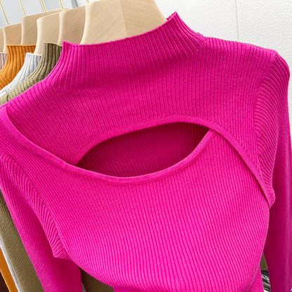 2025 weibliche Casual Pullover Herbst Winter Sexy Aushöhlen Frauen Pullover Schlank Vintage Jumper Weiche Warme Pull Gestrickte Pullover Tops.