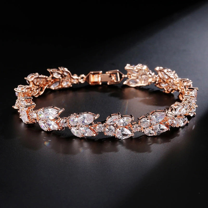 ZAKOL Luxury AAA Cubic Zirconia Wedding Bracelets for Women High Quality White Gold Color Leaf Charm Bracelet Bangles
