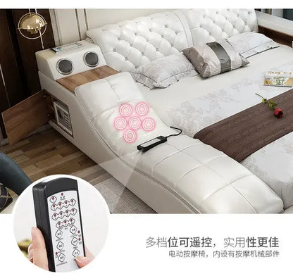 Premium Tech Smart Multifunktions-Bettgestell mit echtem Leder, Bluetooth-Lautsprecher