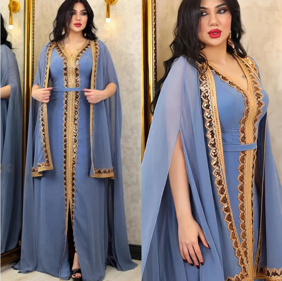 Elegant Muslim Abaya for Women Dress 2 Piece Set Chiffon Cloak Caftan Indian Party Dresses Sequins Kinono Robe Vestidos Abayas.