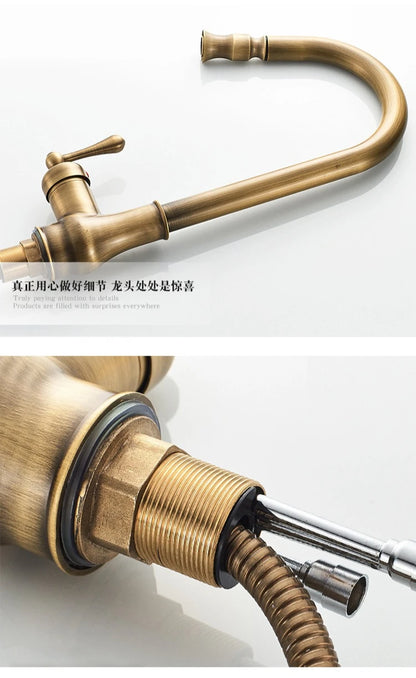 Antique Brass Kitchen Faucet Pull Out Spout Kitchen Faucets Black Single Hole Swivel Hot Cold Water Kitchen Mixers Taps