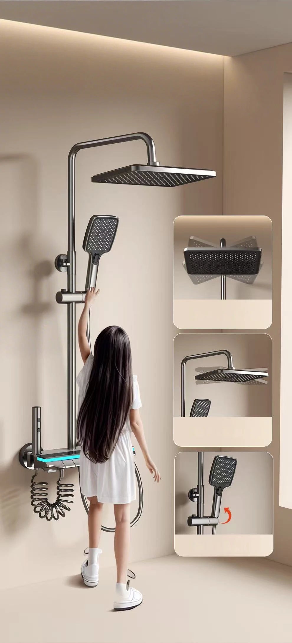 Bathroom Shower System Brass Mirror Surface Temperature-Controlled for Bathtub Faucet with Digital Display, LED Strip