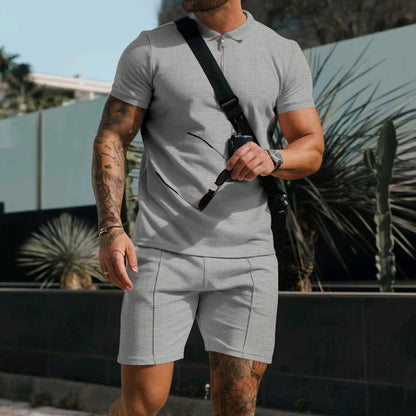Men's Comfortable Short-Sleeved Waffle Polo Shirt And Shorts Set - Breathable Lightweight Spring/Summer Clothing.