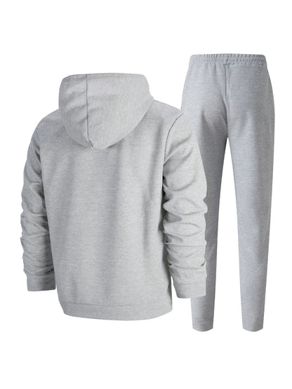 Men's Autumn Waffle Solid Color Hooded Half-Zipper Drawstring Long-Sleeved Sweatshirt And Long Pants Set Casual Comfortable Outf.