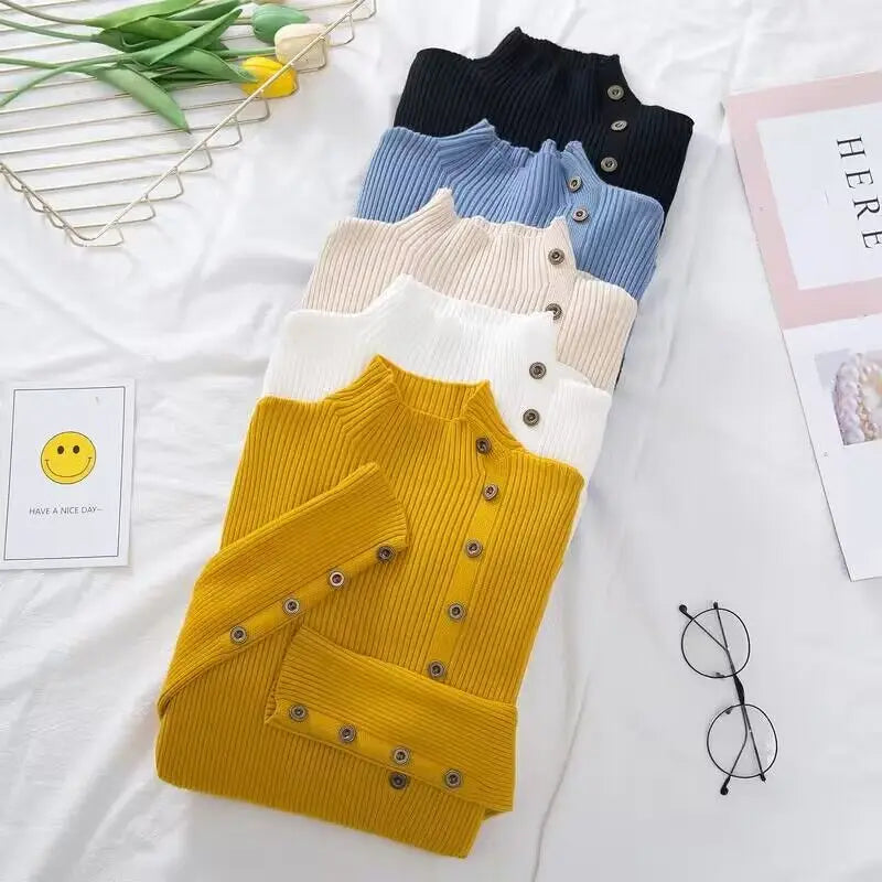 2023 frauen Herbst Gestrickte Dünne Pullover Solide Strickte Weibliche Baumwolle Weiche Elastische Farbe Pullover Taste Volle Hülse Rollkragen.