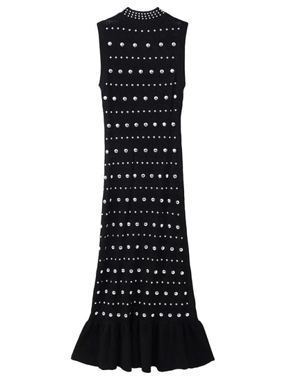 Gestricktes Kleid im europäischen und amerikanischen Design für Damen, Frühling/Sommer, Rundhalsausschnitt, heiße Perlen, einzigartiger, schlankmachender langer Stil.