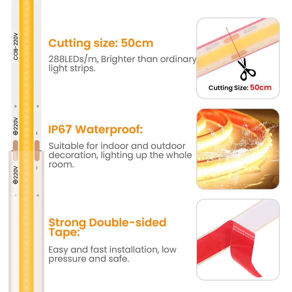 COB LED Streifen Licht Dimmer Schalter EU UK Power Kit 220V 230V 3000K 4000K 6000K 288LED Helle Flex Band Wasserdichte Lineare Beleuchtung.