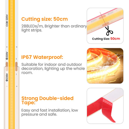 COB LED Streifen Licht Dimmer Schalter EU UK Power Kit 220V 230V 3000K 4000K 6000K 288LED Helle Flex Band Wasserdichte Lineare Beleuchtung.