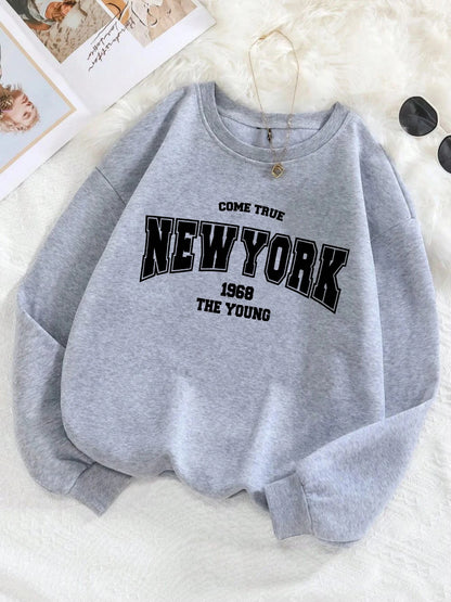 New York 1968 Women Sweatshirt Black Letter Print Sporty Hoodie Winter Casual Fleece Pullover Crewneck Red Hoody Street Clothing.