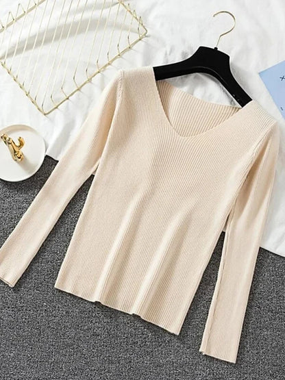 2025 mode V-ausschnitt Elastische Grundlegende Top Neue Frauen Pullover Herbst Winter Langarm Pullover Weibliche Winter Solide Strick Jumper.