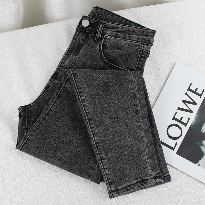 Black Grey Jeans Women's Spring Autumn Winter High-Waisted Petite Stretchy Tight Small Footed Pants Slimming Pencil Leggings.