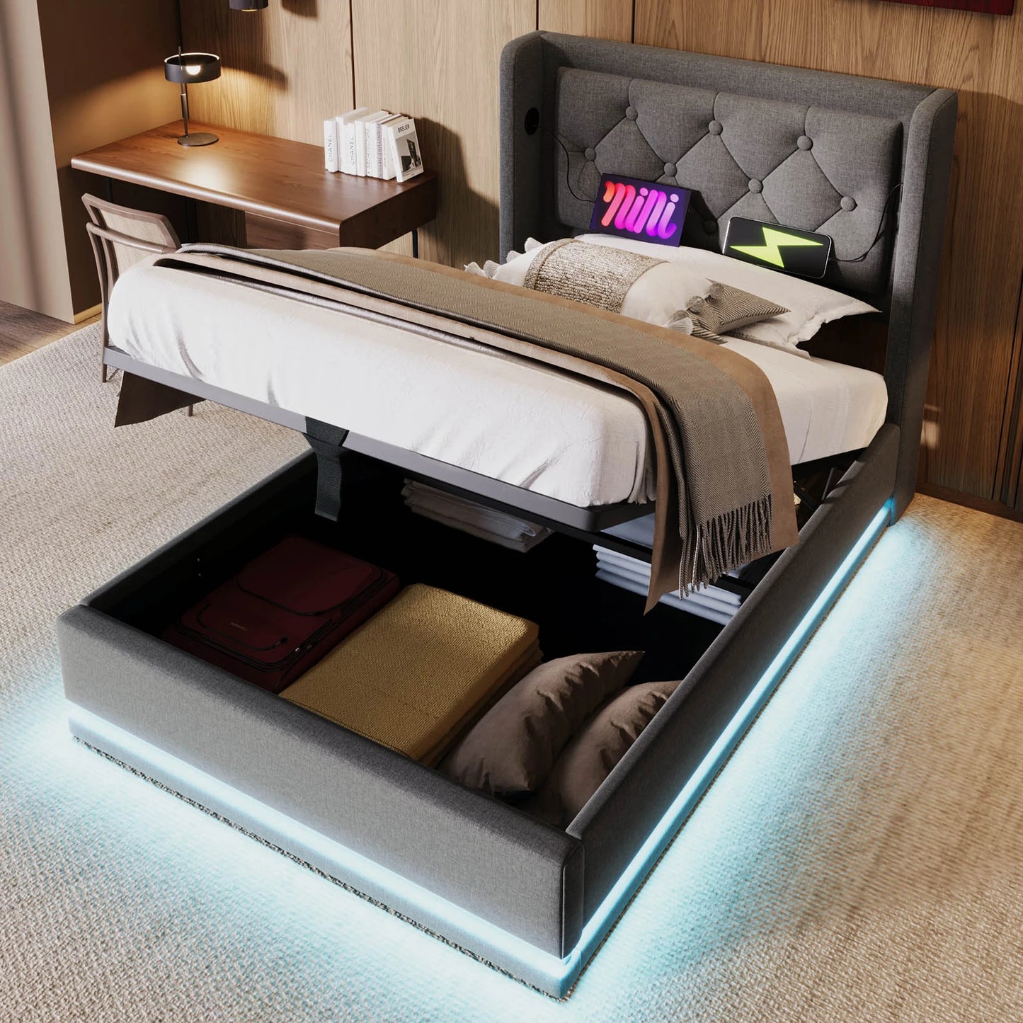 Gepolstertes Einzelbett 90x200 cm, graue Baumwolle, USB-C-Aufladung, 3-seitige LED (keine Matratze)