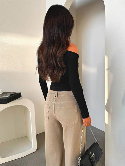 2025 New Spring Women's Casual Long Sleeve Boat Neck Off Shoulder Slim Fit Crop Top Going Out Blouses Y2K Tight Shirts Autumn.