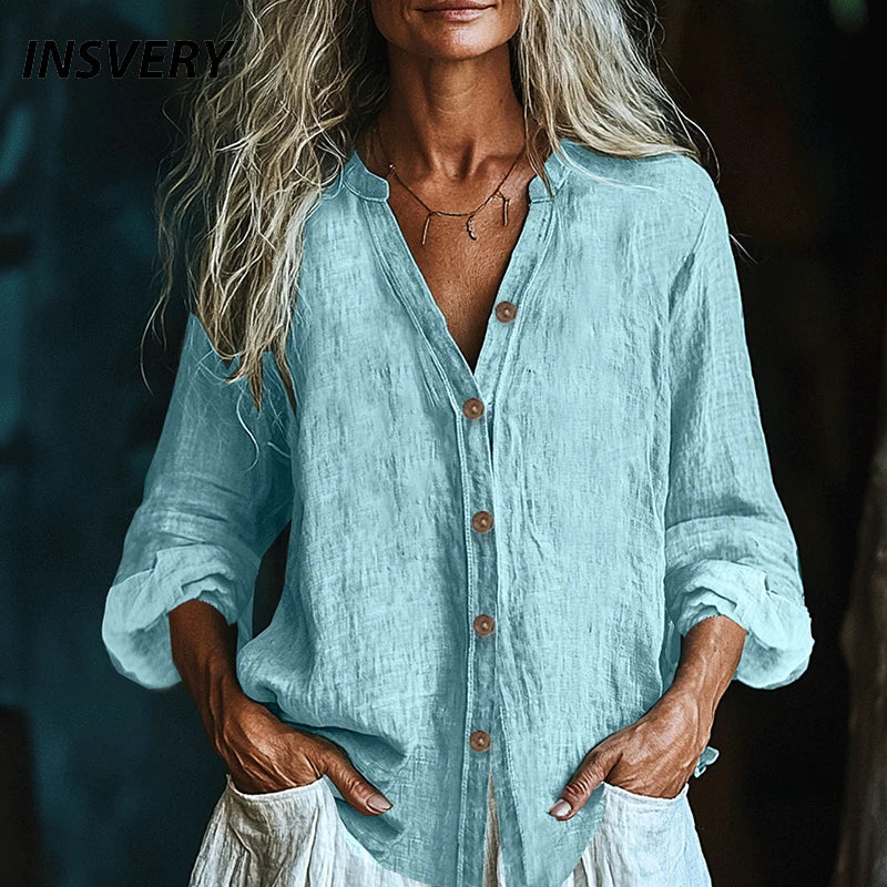 Spring Summer Casual Long Sleeve Shirt Blouses Women Solid Color Cotton Line Cardigan Loose Button Shirts For Women Tops.