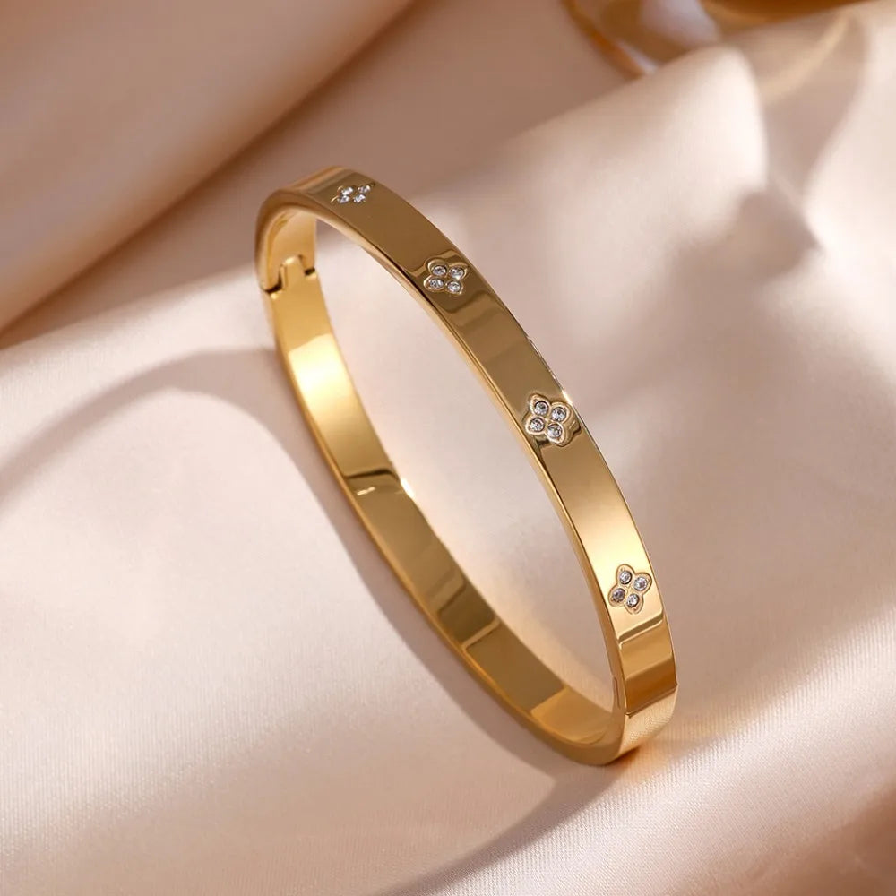 Titanium Steel Stacked Bracelet Couple's Shiny Zircon Inlaid Stainless Steel Bangles Gold Color Female Jewelry Gift.