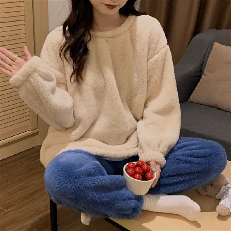 Winter Women Warm Fashion Pajama Sets Sweet   Elegant French Style Girlish Leisure Thicken Flannel Comfort Pajamas