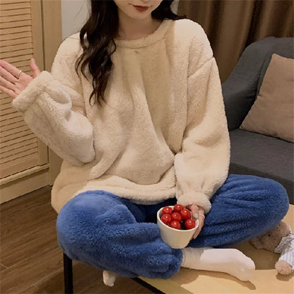 Winter Women Warm Fashion Pajama Sets Sweet   Elegant French Style Girlish Leisure Thicken Flannel Comfort Pajamas