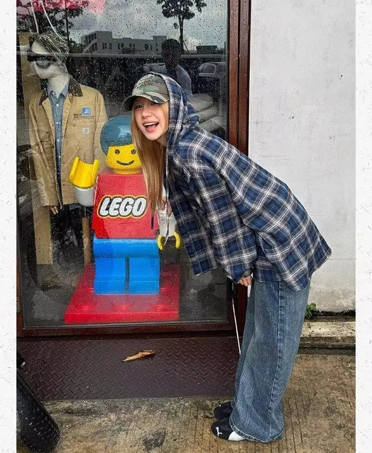 HOUZHOU Vintage Plaid Shirts Women Harajuku Long Sleeve American Style Drawstring Hooded Blouses Loose Casual Streetwear Spring.