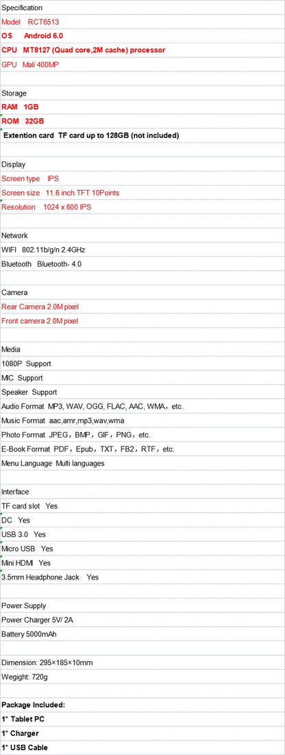 2025 New RCT6513 11.6" MT8127 Quad Core Android 6.0 Tablet WIFI Bluetooth Daual Cameras 5000mAh Battery HDMI Port.