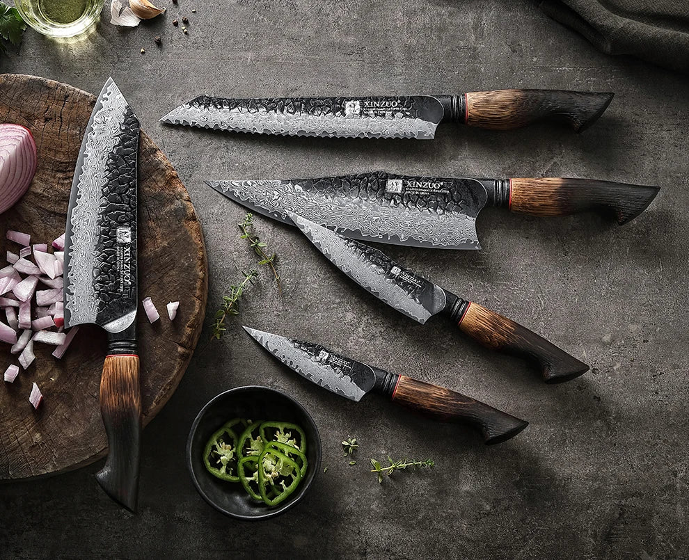 XINZUO 1-5PCS Damascus Steel Kitchen Knife 10Cr15CoMov Steel Core Chopping Vegetables And Fruits Household Kitchen Knife.