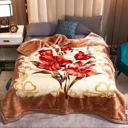 Classic Lily Print Blanket Double Thickened Autumn Winter Raschel Blankets Dormitory Bedrooms Comfortable Cold Resistant Bedding