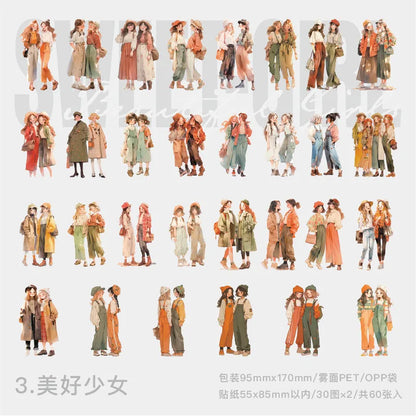 60 pcs Hand malerei Mode süße Mädchen Menschen Aufkleber Vintage Cartoon Mode Mädchen Sammelalbum Ölgemälde Illustration Aufkleber.