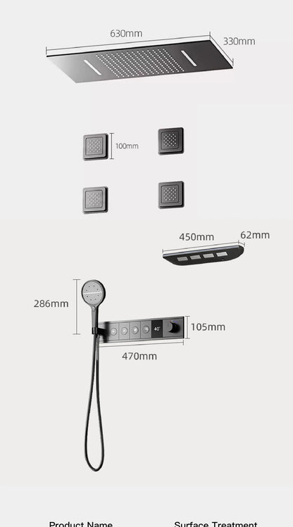 Deckenmontiertes thermostatisches LED-Digitalanzeige-Duschsystem. Eingebetteter Badmischer aus Messing im Wasserfallstil für heißes und kaltes Wasser
