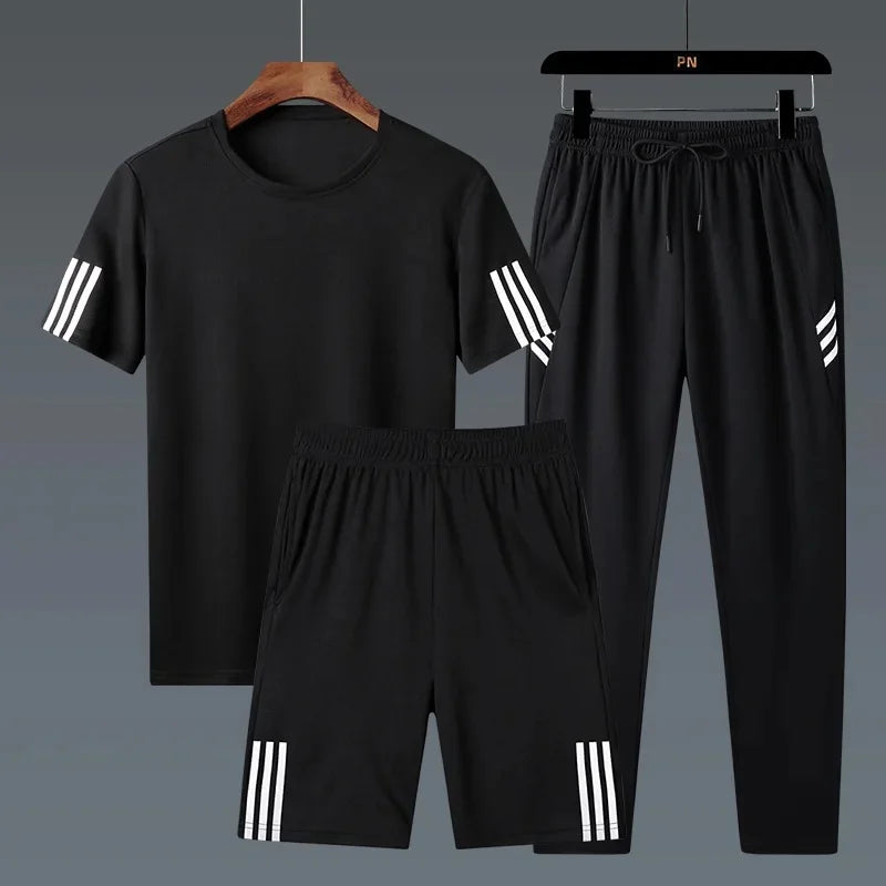 Summer Casual Sports Men's Short Sleeve T-Shirt plus Size Three-Piece Set New Style Long Pants Comfortable Breathable Clothing.