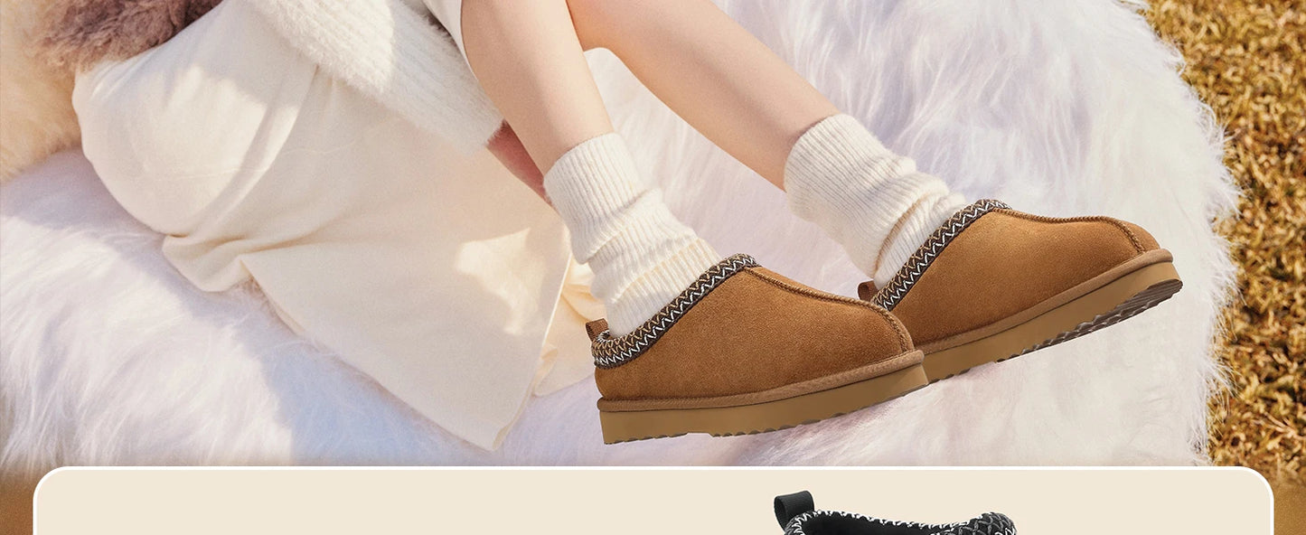 Litfun Winter Genuine Suede Snow Boots For Women Water Resistant Slides Soft Sole Ankle Boots Plush Lining Warm House Slippers.