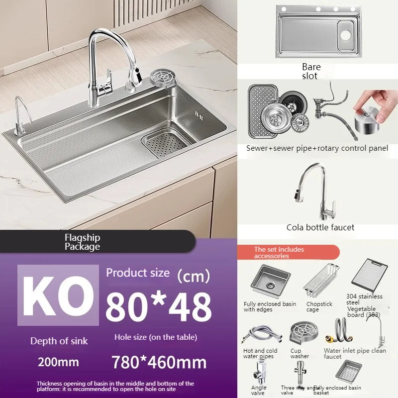 304 Stainless Steel Kitchen Sink Silver Large Single Slot  Multifunction Dishwashing Basin wash vegetables For Kitchen