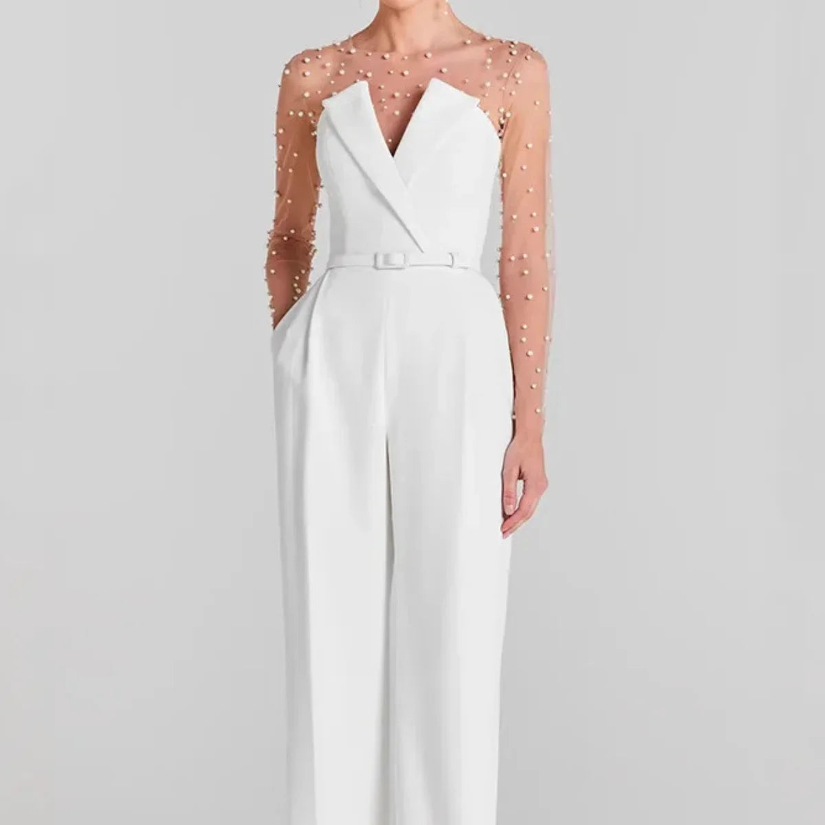 Elegant Women Slim Fit Bodysuit Rompers Pearls Beaded Patchwork One Piece Jumpsuit Causal See-through Tulle Long Sleeve Playsuit.