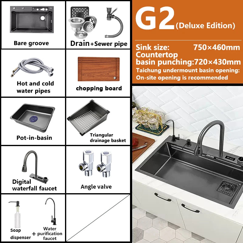 Waterfall Sink Kitchen Stainless Steel Topmount Sink Large Single Slot Wash Basin With Multifunction Touch Waterfall Faucet