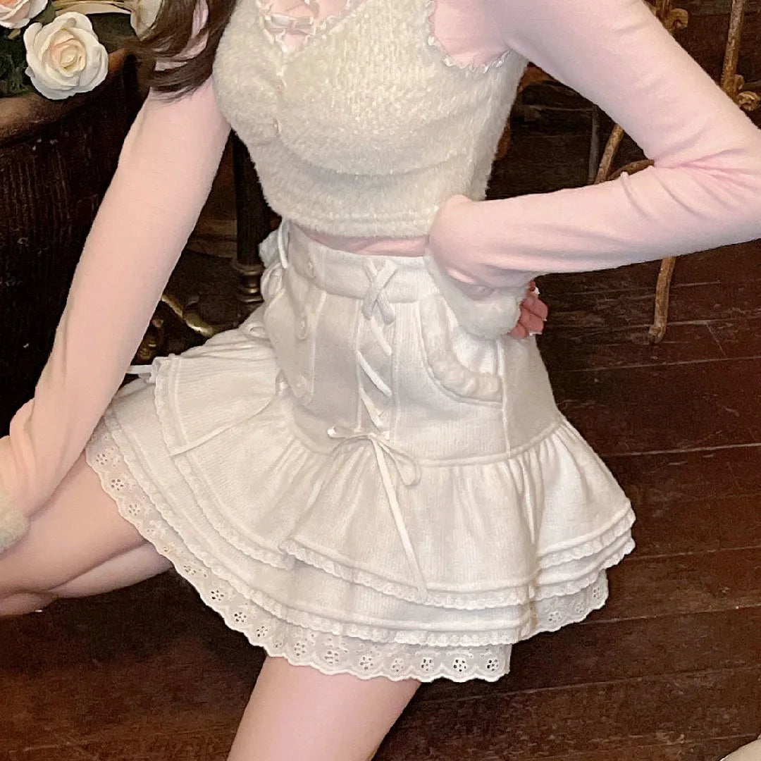 Japanese lolita kawaii clothes pink mini skirt with shorts Lace High Waist korean style women 2025 new fall White skirt fluffy.