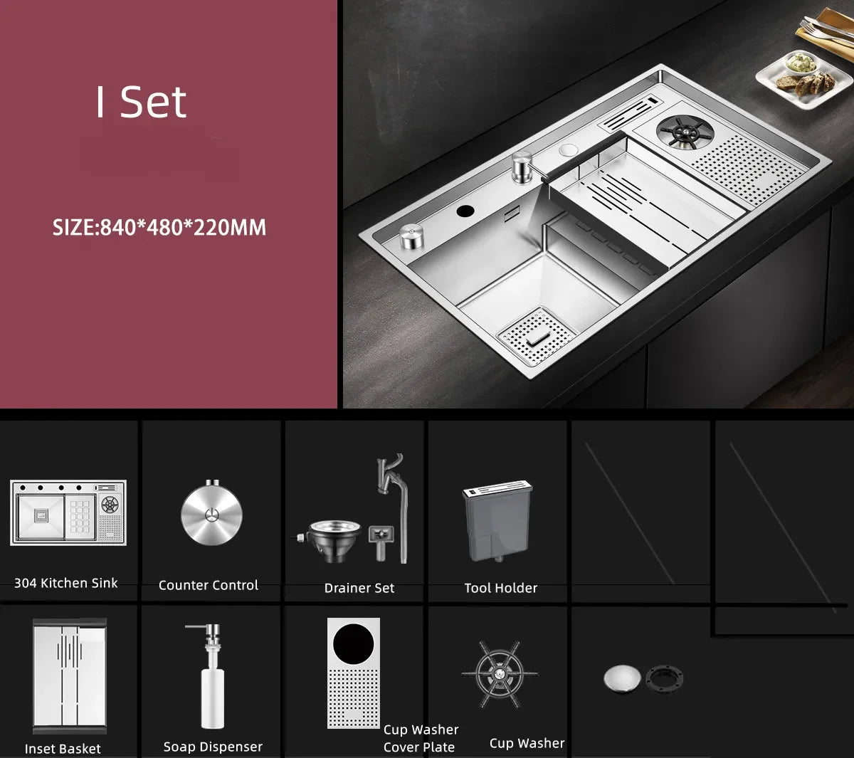 Large Size Nano Meter Cup Rinser Stepped Kitchen Sink 304 Stainless Steel 4mm Thickness Handmade Sinks With Knife Holder